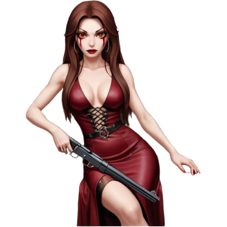 Lilith red eye seductress evil long brown haired sexy succubus woman with leather long dress with slit on, sitting in Big Large F350 pickup truck. Back seat full of stacks of cash, she is  Holding a human skull of her enemies and a gun in other hand emoji