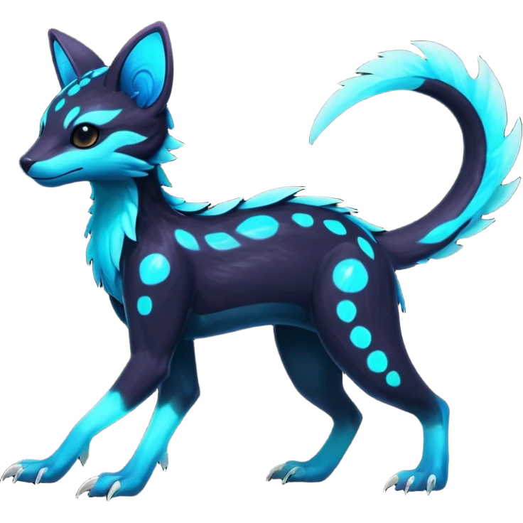 Rare realistic dark-neon glowing bioluminescent edgy badass epic pretty beautiful handsome gorgeous aesthetic colorful vibrant Vernid-Trico-species-Fakemon-creature by LiLaiRa, 4 legs, 1 tail, random markings, (full body) emoji