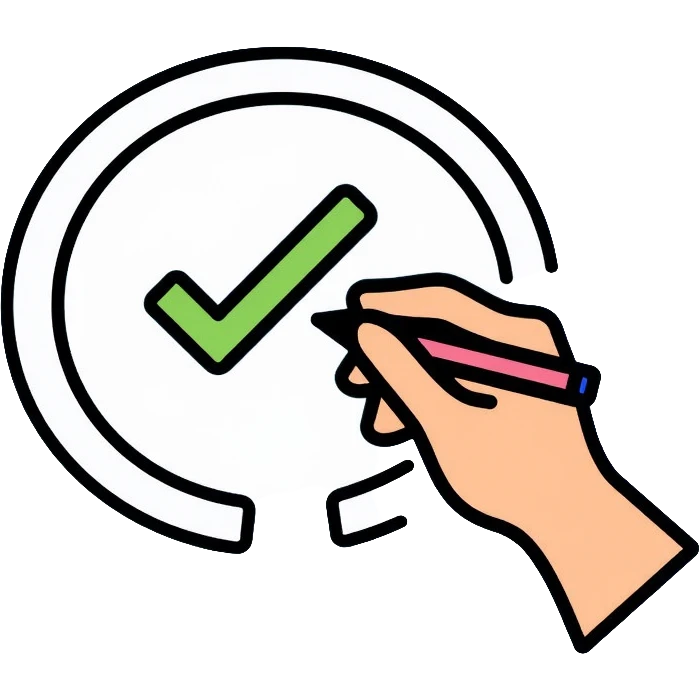 A hand with pen checking off a green checkbox inside a circular progress tracker, clean outlined style, symbolizing completed tasks and progress tracking emoji