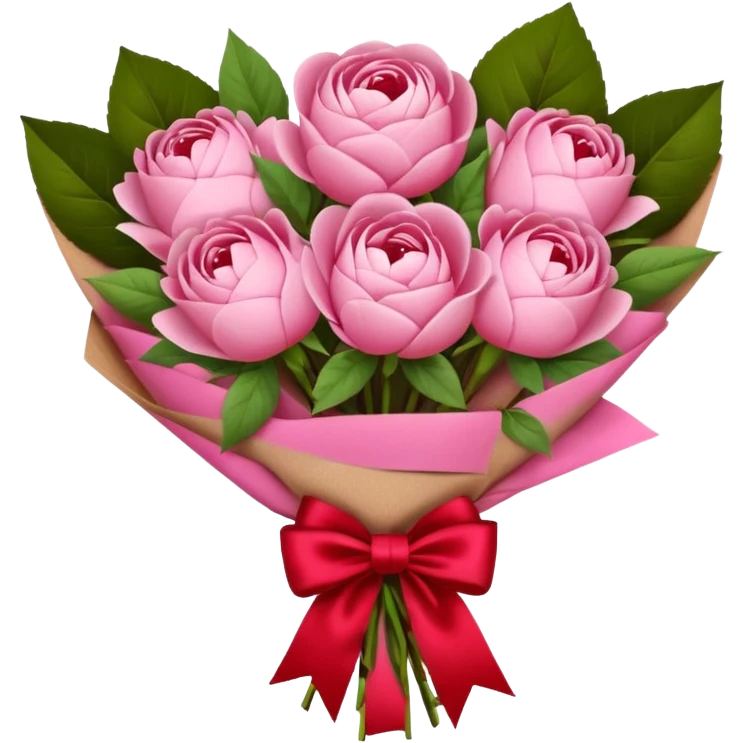 Bouquet of pink flower like rose and peony wrapped in kraft paper with red bow emoji