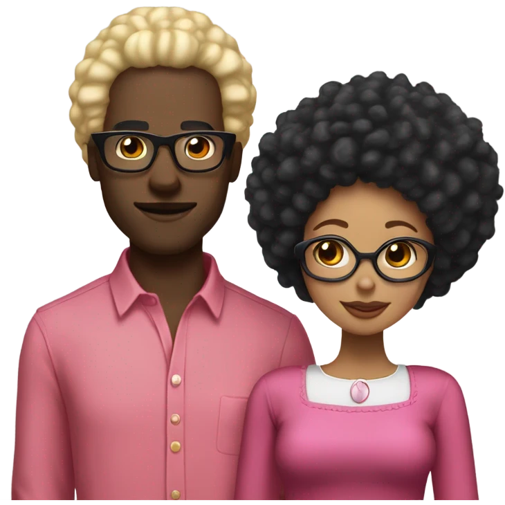 “black man with black afro and glasses and wearing a long sleeved red shirt standing next to a white woman with long blonde hair and wearing a pink dress emoji
