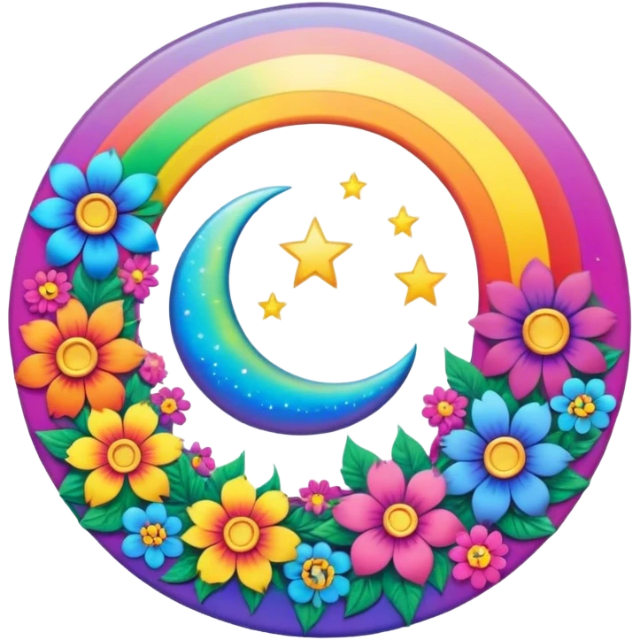 A round psychedelic colored button with a rainbow colored damask style moon and hippie flowers in the center emoji