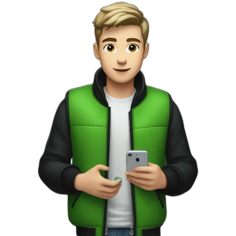 A 20-year-old boy with very short hair in a black jacket and vest stands in a green elevator, holding a white iPhone 14pro in his hand. emoji