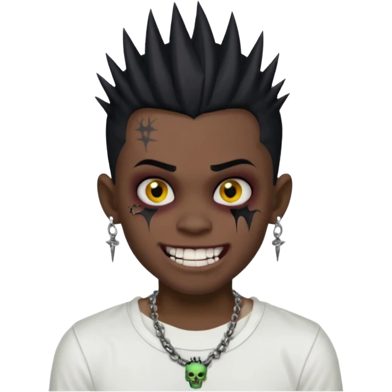 zombie boy with spiky emo black hair and white shirt , tattos, a risk on the eyebrow, earings,  a necklace emoji, with grills in his mouth and he’s smiling, change skin color to darkskin emoji