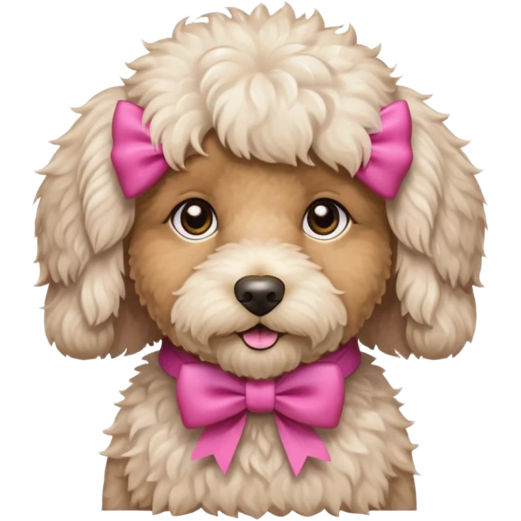 white fluffy labradoodle with light brown eyes and pink bow emoji