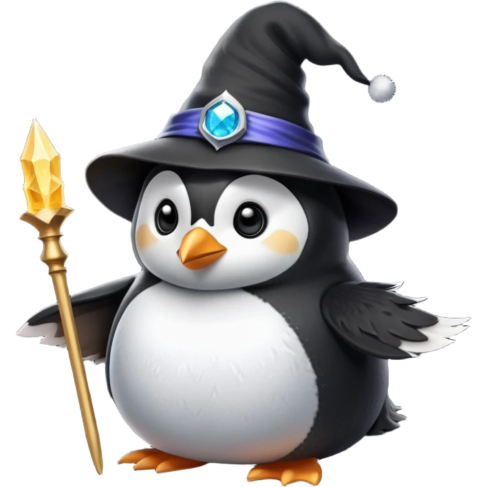 penguin wizard with a pointy hat and magic wand emoji