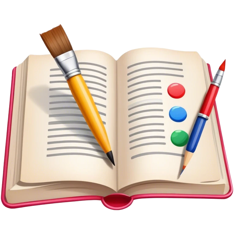 icon for Illustration hobbie, paintbrush and pencil under book's illustrated page, there's a colourful picture on the page, simple lines, minimalistic style, transparent background. emoji