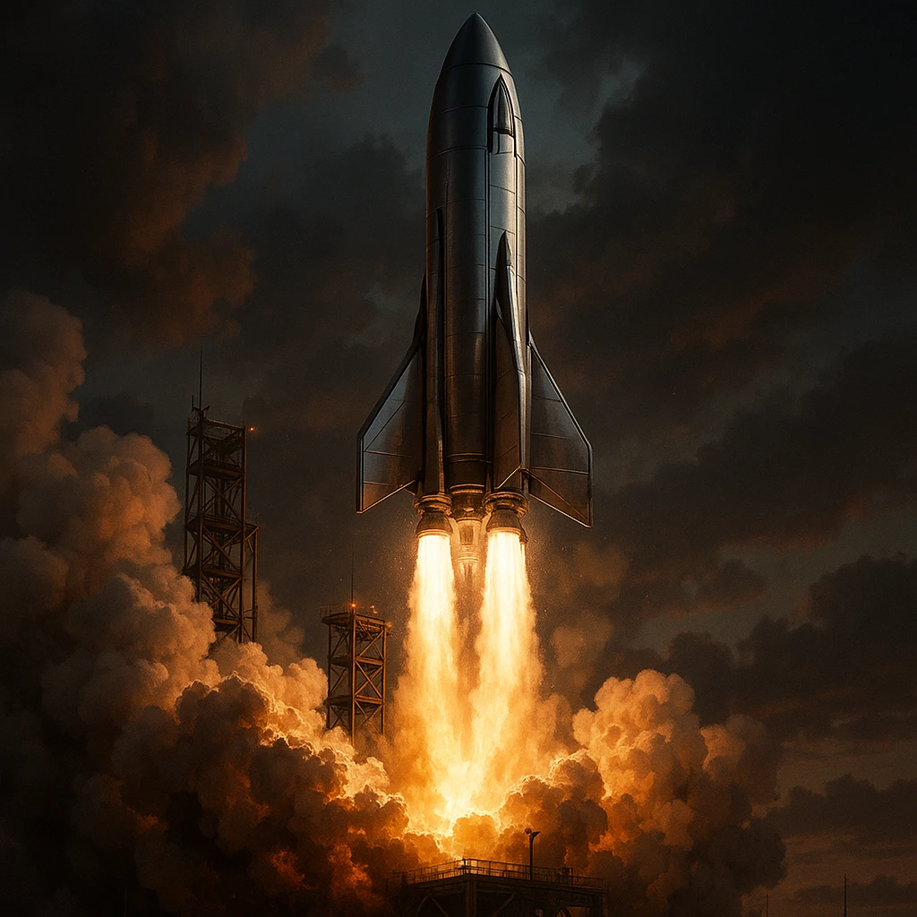 futuristic rocket ship blasting off from a launch pad with dramatic lighting and billowing smoke cinematic detailed style emoji