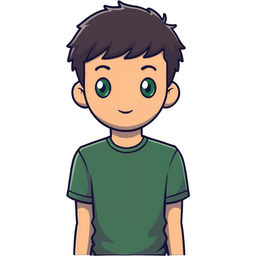 man with dark messy short hair, dark green eyes, wearing a gray t-shirt emoji