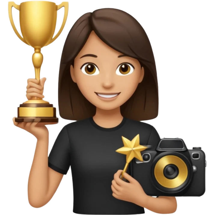 A brunette girl smiling, she’s a proud and successful filmmaker 🍿🌍✨ she’s next to a camera, / holding awards  emoji