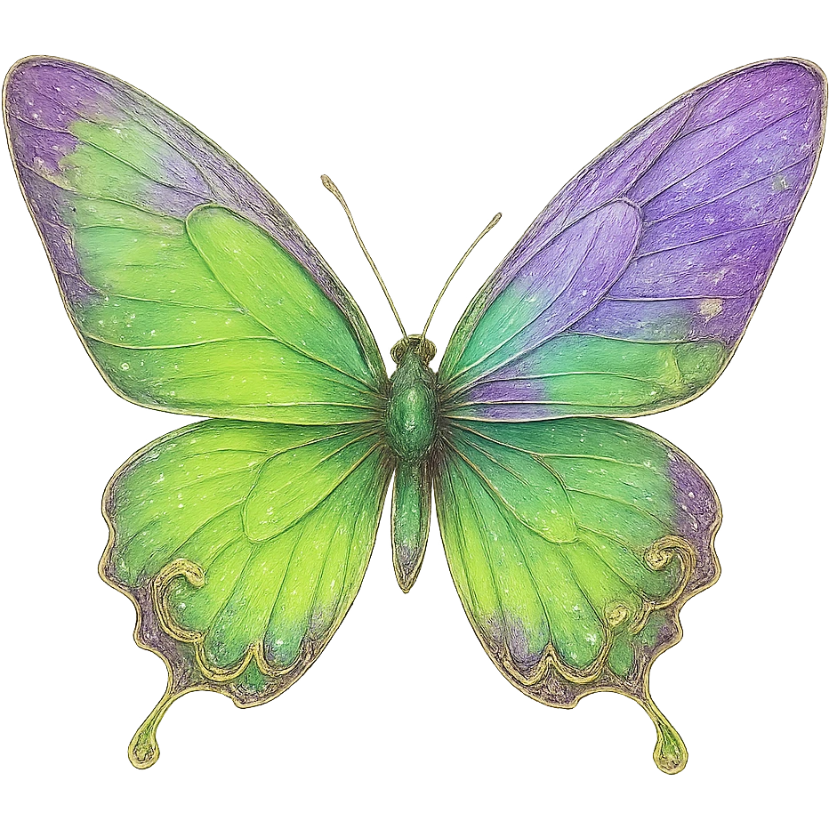 Create an exact butterfly as in the example image with original violet and #c0ff53 green colors blending smoothly. Maintain all effects, gloss, and details. No background. emoji