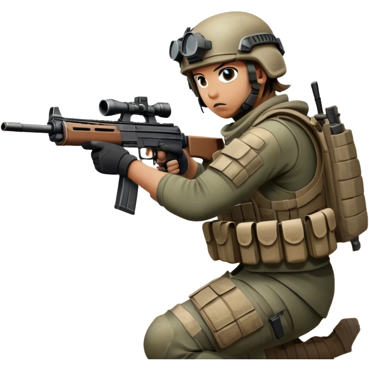 A skilled airsoft player in tactical gear, aiming a gun and shooting metal BBs in a desolate, ruined landscape. The setting is filled with broken walls and debris, creating a tense atmosphere of strategy and precision in a high-stakes tactical environment emoji