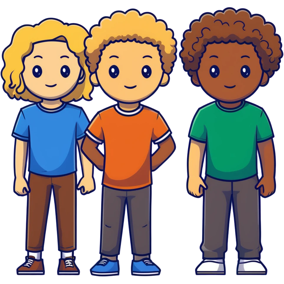 Group of diverse friends standing together, including a dark-skinned boy, a light-skinned blonde boy, a light-skinned girl with dark hair, a mixed-race girl with brown hair, a light-skinned person with curly hair, a mixed-race person with dark curly hair, and in the center a mixed-race person with wavy hair emoji