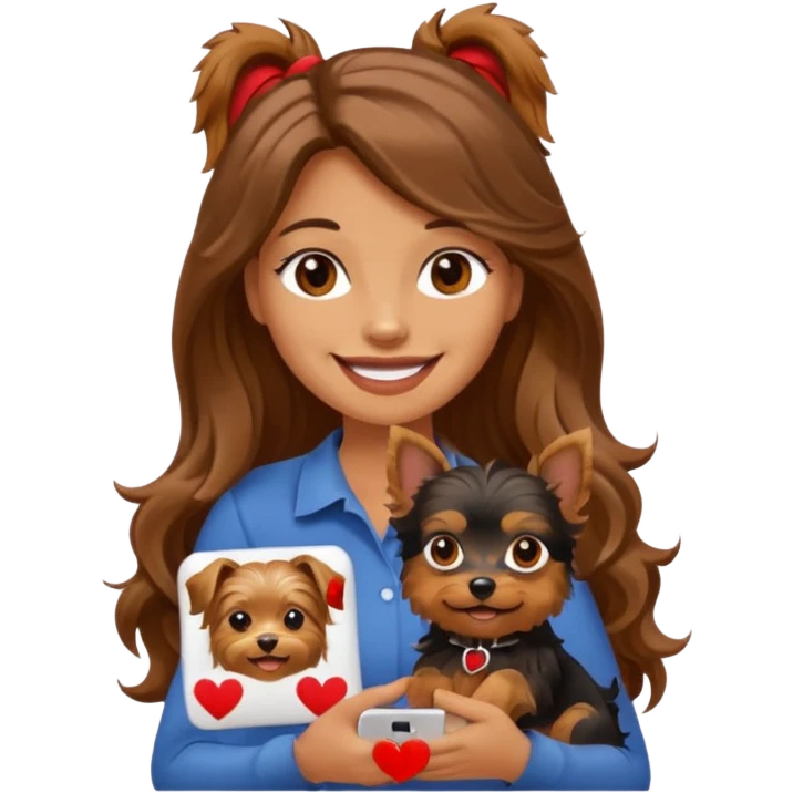 smiling woman with long brown wavy hair holding a Yorkshire Terrier, next to an iPhone and a red sale sticker, emoji style emoji