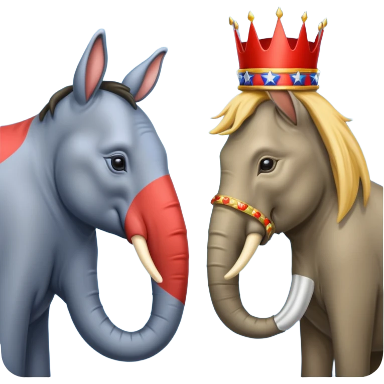 Democratic Party elephant facing Republican Party donkey with King Trump inbetween emoji
