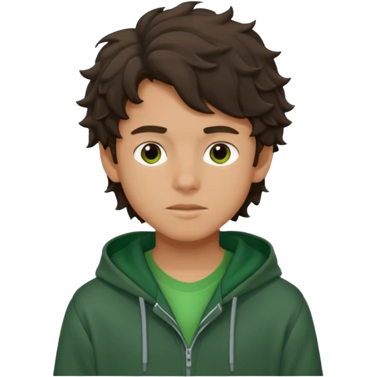 a 14 year old slightly tanned teenage boy with dark brown tousled wavy hair, wearing a green tshirt, with a dark green hoodie overcoat emoji
