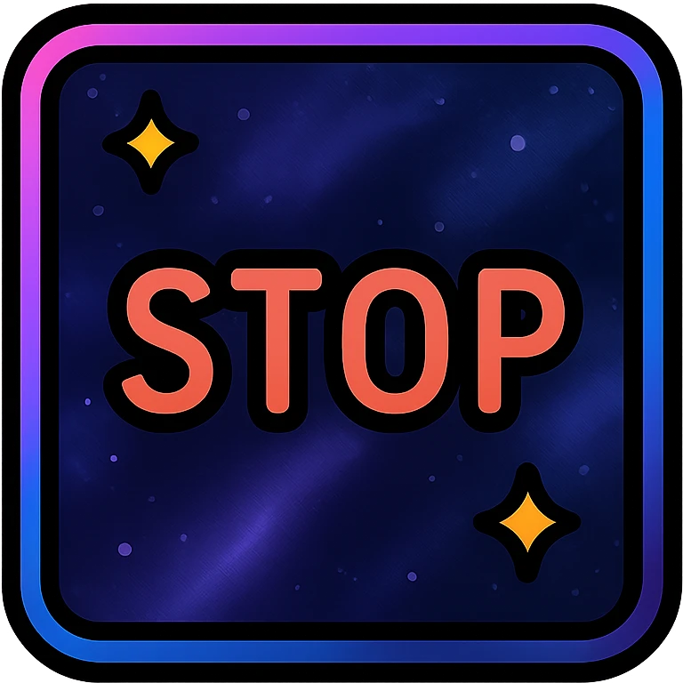 stop icon, modern clean square with neon border and glowing effect, dark purples blues blacks base, nebula gradients, small bright stars, specular highlights, luminous look emoji