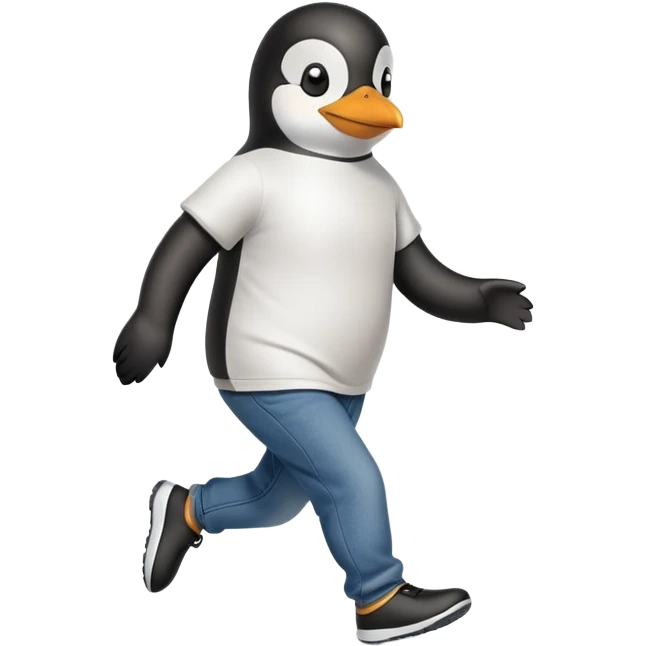 friendly anthropomorphised penguin in jeans and a t-shirt jogging upright relaxed pose no sunglasses emoji