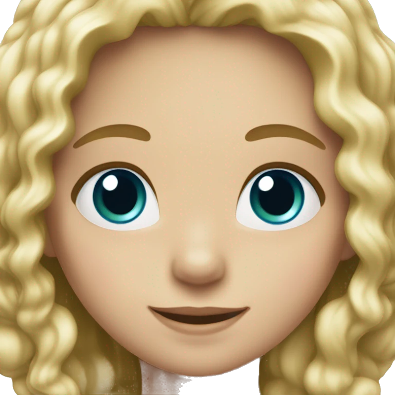 Girl, blond wavy hair with the ends color blue, green eyes, white skin and a sweet smile emoji