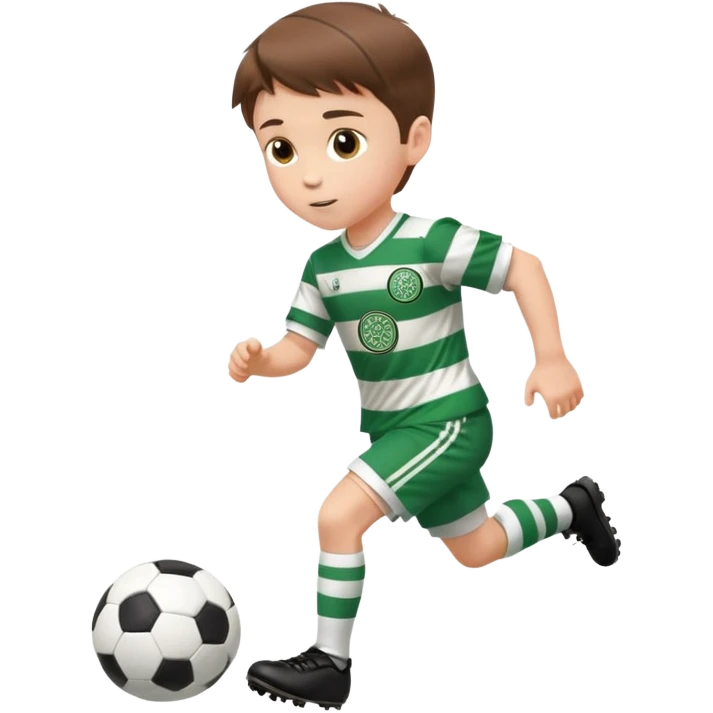 Celtic footballer jersey logo  6 years old brown hair white boy , brown eyes , stripes uniform , RUNNING  with soccer ball # 17 celtic football logo PUT ONLY ONE LOGO emoji