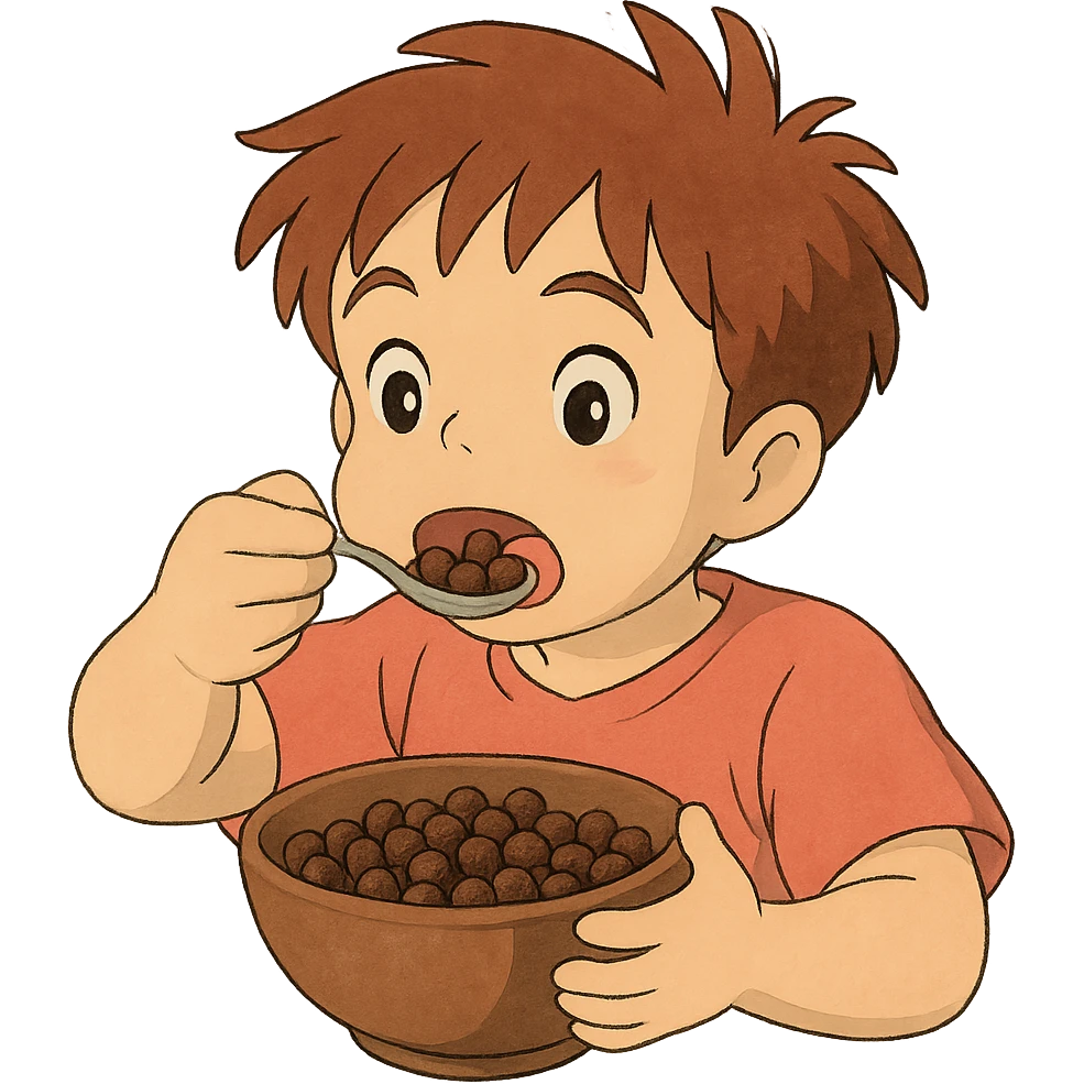 ghibli style kid eating a bowl of chocolate cereal, no background emoji