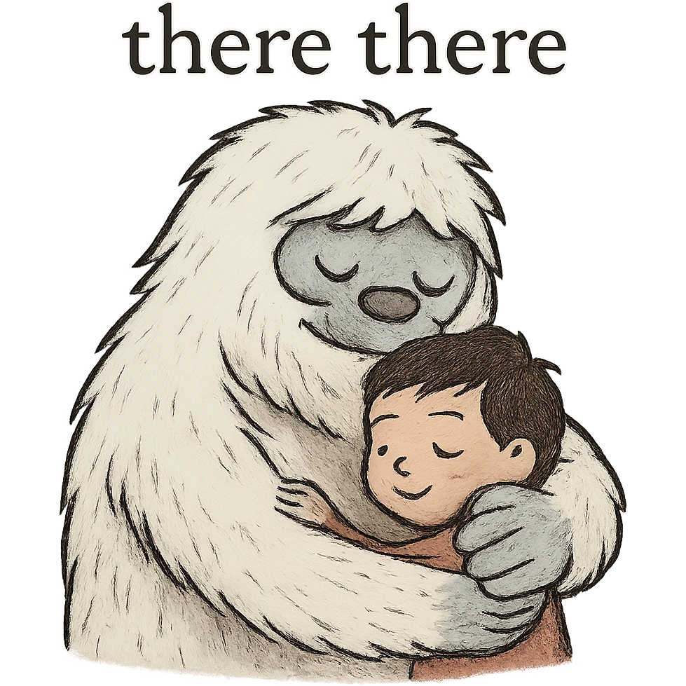 Reduce the file size to be smaller than 1MB, keep the background transparent, and preserve the 'there there' text through the head of the Abominable Snowman hugging the much smaller kid. Maintain the original style and details. emoji