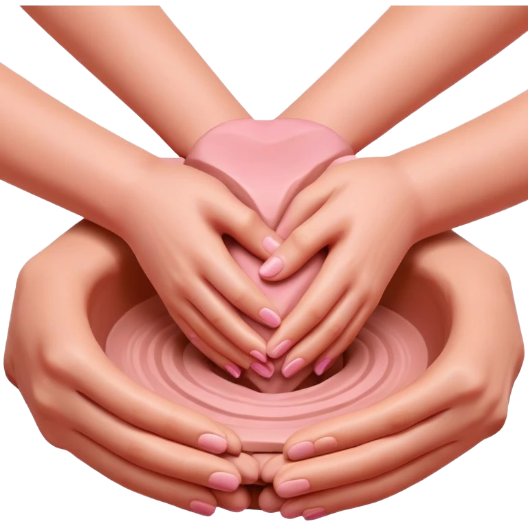 hands gently hugging a pink clay mound to maintain moisture and prevent cracks, palm hug pottery technique emoji