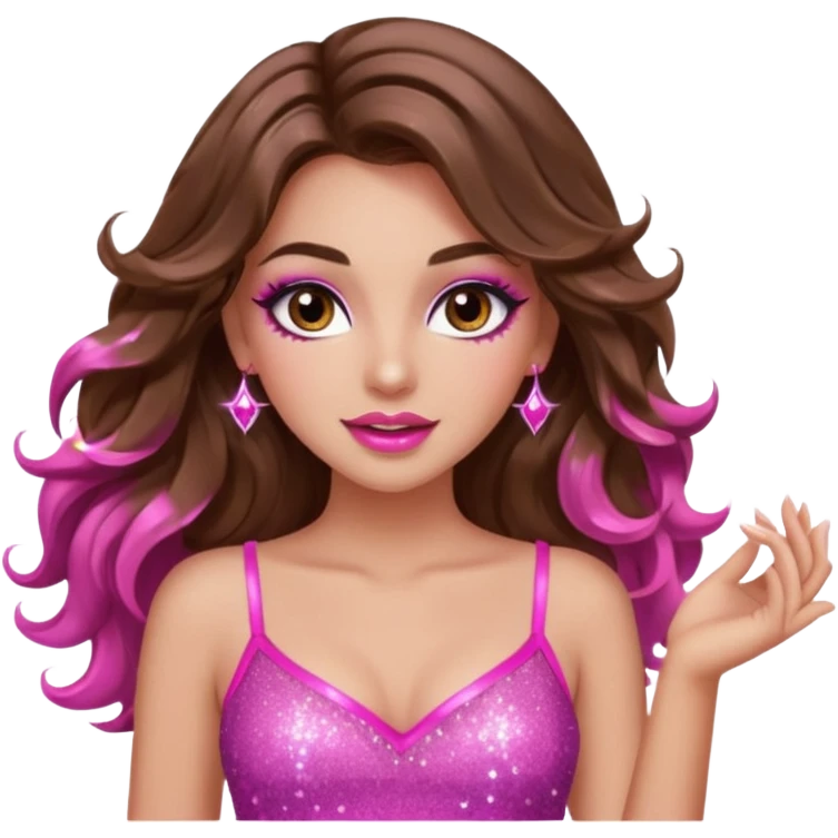girl with long wavy brown hair, brown eyes, long lashes makeup, sexy pink lips, light to medium complexion, pink sexy top, dancing, sparkling emoji