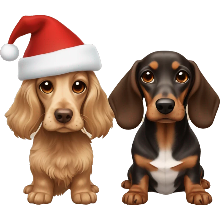 beige cocker spaniel and dark brown dachshund in christmas hats emoji