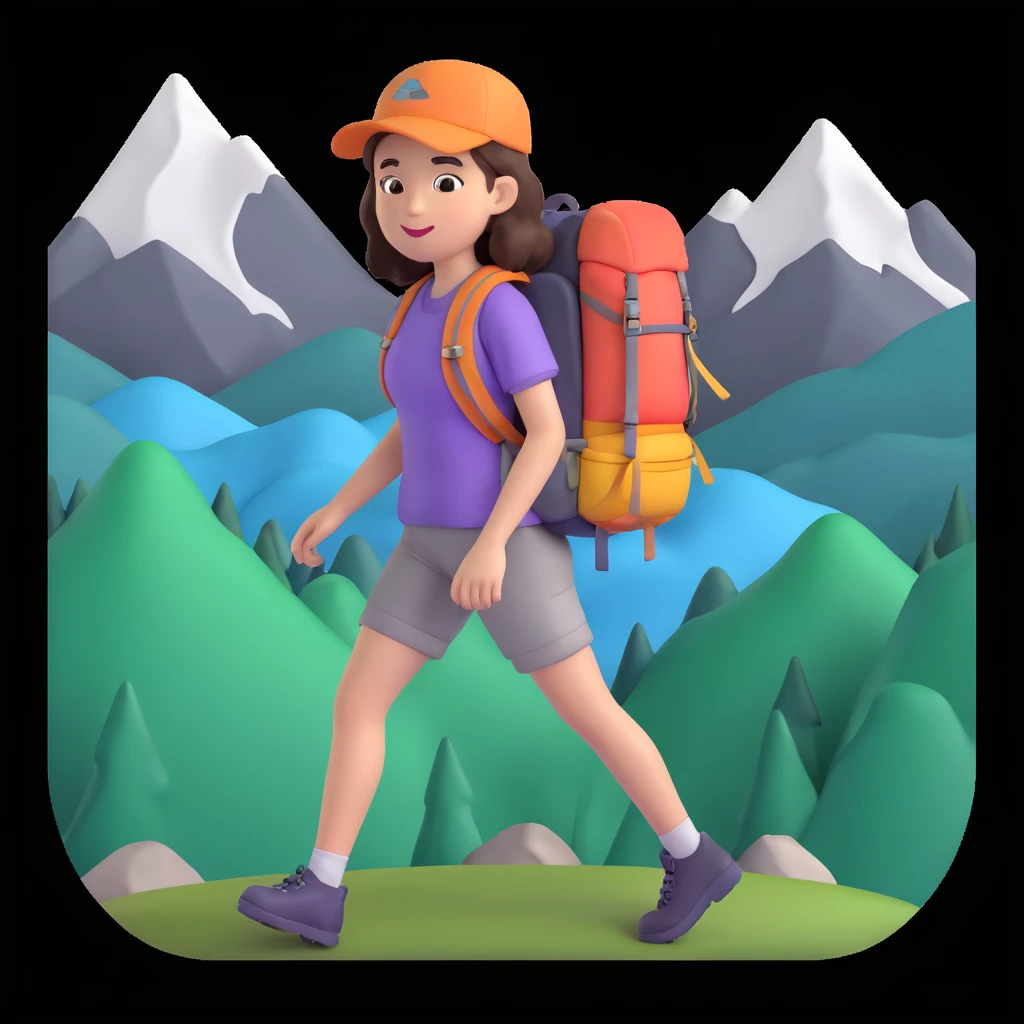 portrait of girl back packing mountains in background, close up pose emoji