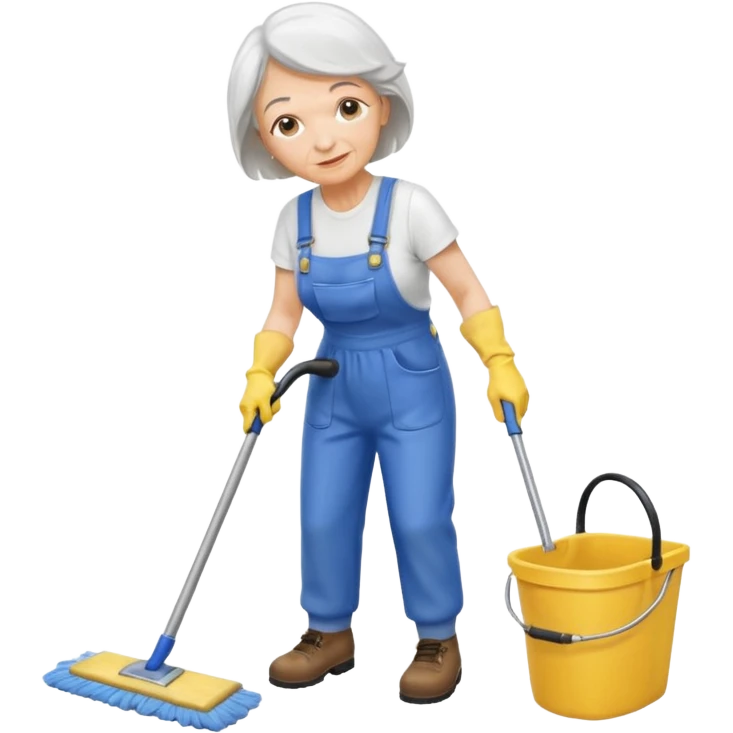 old women, Custodian with yellow rubber gloves, white T-shirt, blue overalls, mopping floor emoji