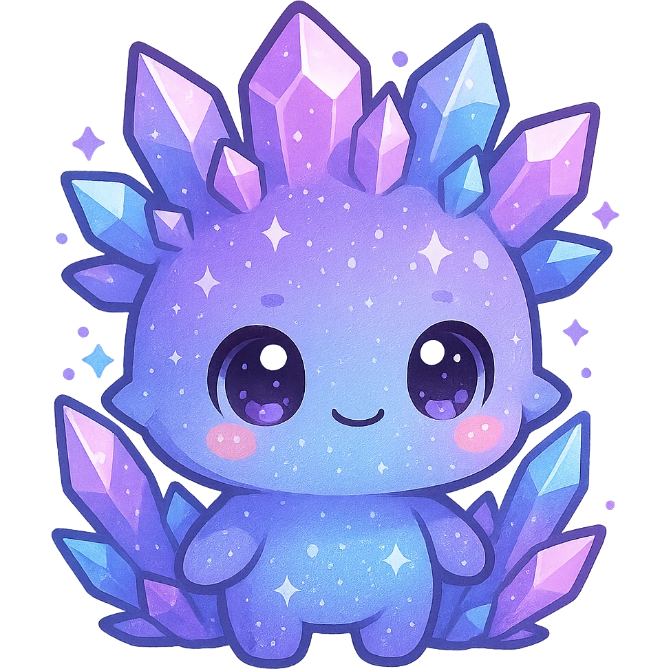 kawaii chibi crystal sprite creature, purple, blue, and pink, cute and sparkly, small body emoji