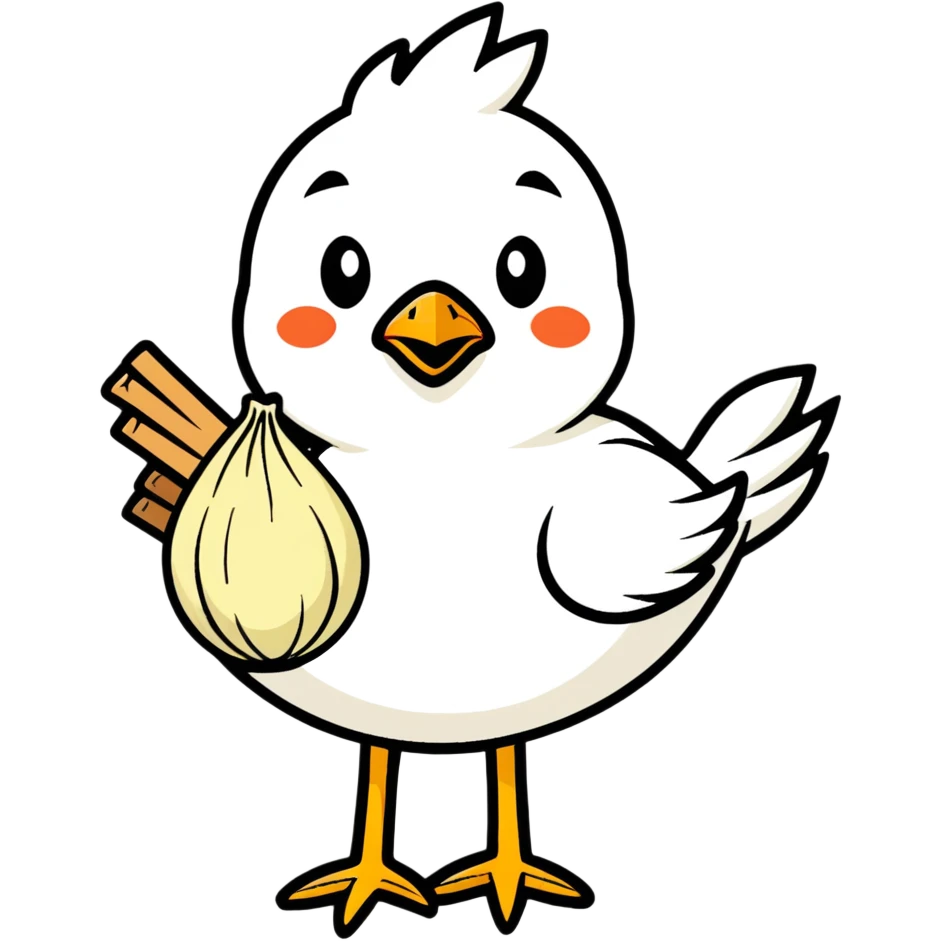 bird with a body like a garlic bulb, cartoonish sticker style emoji