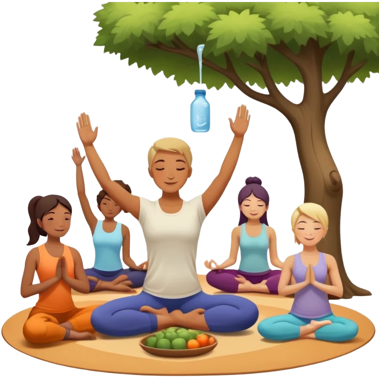 A person moves through a gentle yoga pose in the morning sun, one hand reaching up, the other near a plate of vibrant whole foods and a bottle of water. A cozy bed sits behind them, glowing softly. Nearby, a small group of friends laughs together under a tree—health, movement, nourishment, rest,  emoji