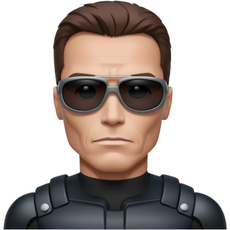 Schwarzenegger-like Terminator, upper body only, wearing his iconic clothes in black (all clothes must be black), looking more human with minimal robotic details, and wearing dark sunglasses, view from the side emoji