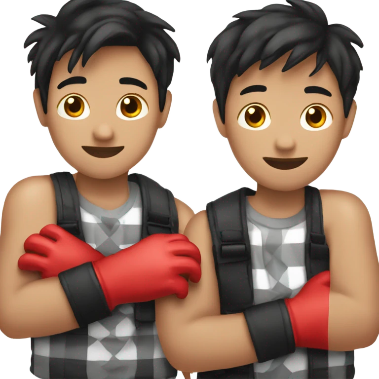 Asian boy wearing red checkered gloves on hands and black hoodoe emoji