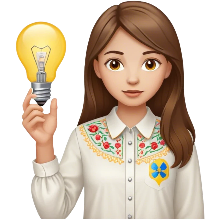A Ukrainian girl with brown hair in an embroidered shirt holds a light bulb emoji