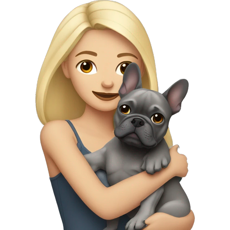 blonde woman with medium skin hugging dark gray french bulldog emoji