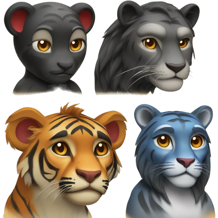 Create an emoji set of four main characters: a monkey, a tiger, a cat and a lioness. The main color is black, and the detail colors are: red for the tiger, blue for the cat, gold for the lioness, orange for the monkey emoji