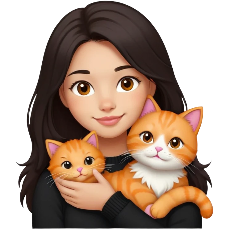 A girl with long dark hair, medium skin tone, soft round face, nose stud, and pink lips, wearing a black sweater holding a fluffy orange cat in her right arm while smiling slightly emoji