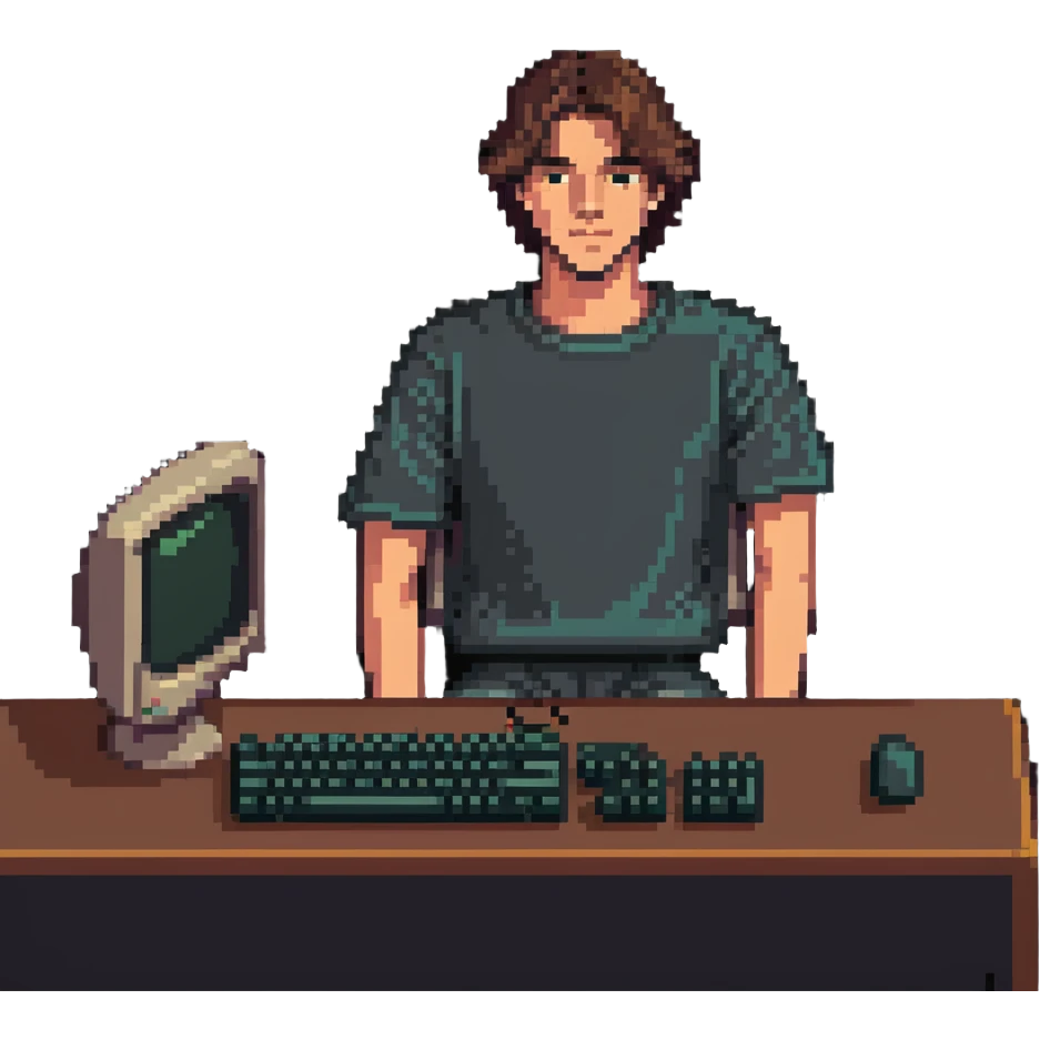 Young man sitting at an old school desktop computer with large monitor and keyboard emoji
