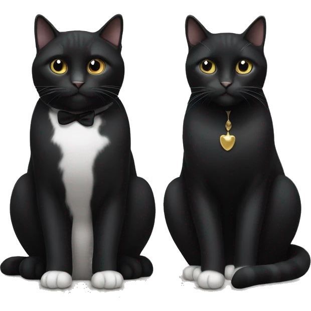 Two pet cats sitting together one is all black and larger than the other which is a tuxedo cat emoji