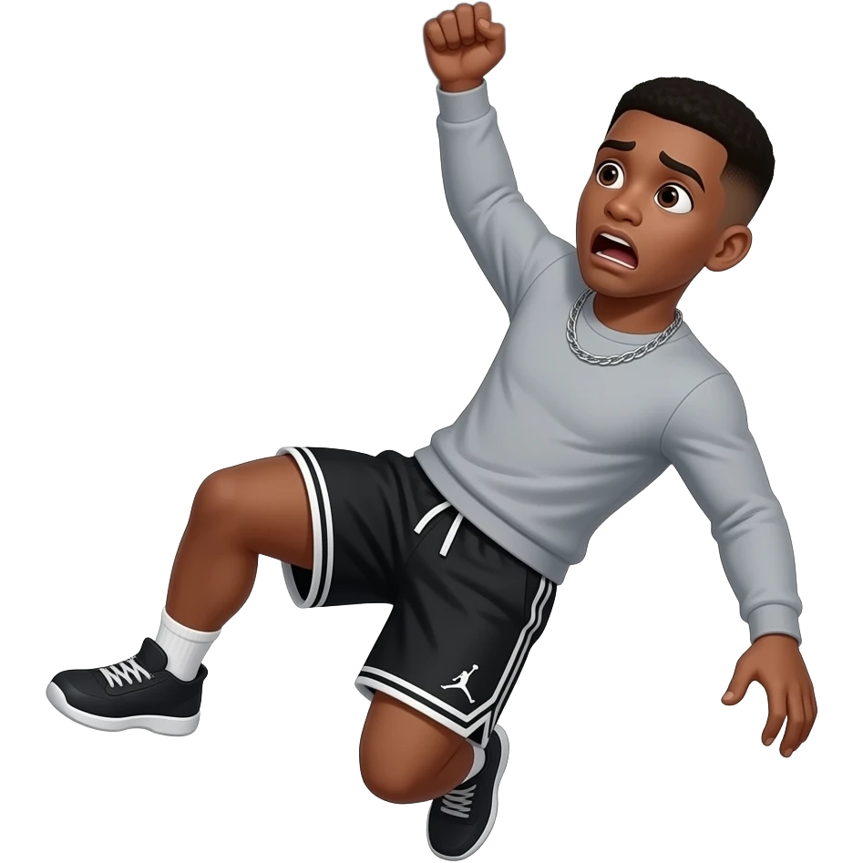 make a black skinned 20 year old no beard with a low taper fade wearing a thin grey long sleeve and nothing on it with black jordan shorts and make sure he looks athletic with a very thin silver chain with nothing on it getting picked up in a tornado scared emoji