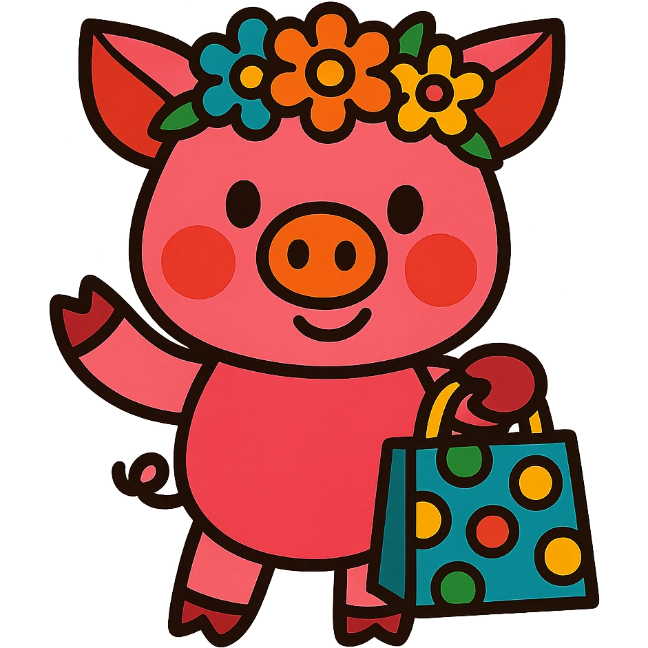 piglet with flower crown and gift bag, vibrant-toon style emoji