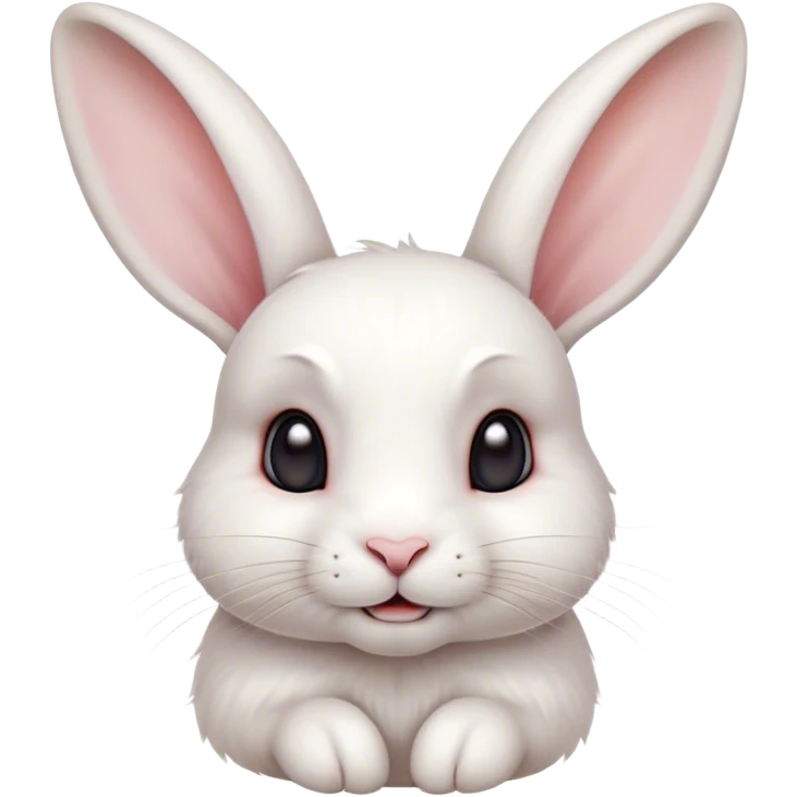 Cinematic Cute White Rabbit Portrait Emoji, Head tilted playfully and inquisitively, featuring a luxurious, silky white fur with soft, twitching ears, round, sparkling dark eyes filled with curiosity, Simplified yet irresistibly adorable features, highly detailed, glowing with a warm, friendly glow, high shine, affectionate and lively, stylized with a touch of whimsy, bright and endearing, soft glowing outline, capturing the essence of a mischievous yet loving bunny, so playful it feels like it could hop out of the screen and into your arms! emoji