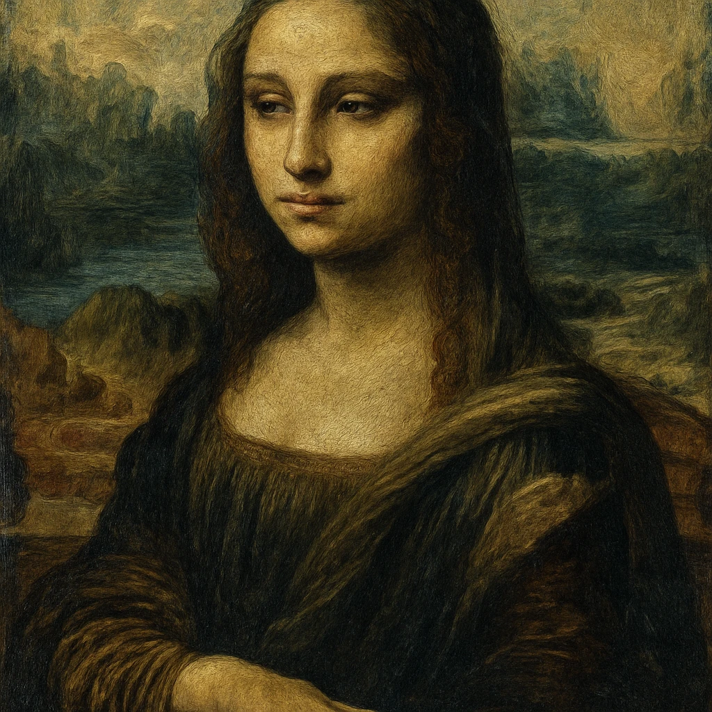 Mona Lisa in an oil painting style, thoughtful and dreamy expression, rich textures and brushstrokes emoji