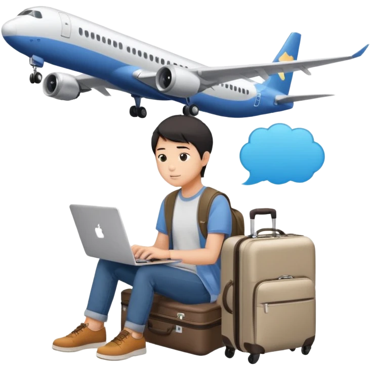 페르소나 요약 : 교환학생을 준비하는 대학생. 동양인 중성 20대의 상반신, 캐주얼한 옷을 입은 채 노트북을 보고 있으며 옆 한켠에는 캐리어가 함께 준비되어 있어요. 머리 위에 생각풍선으로 비행기를 떠올리고 있어요 emoji