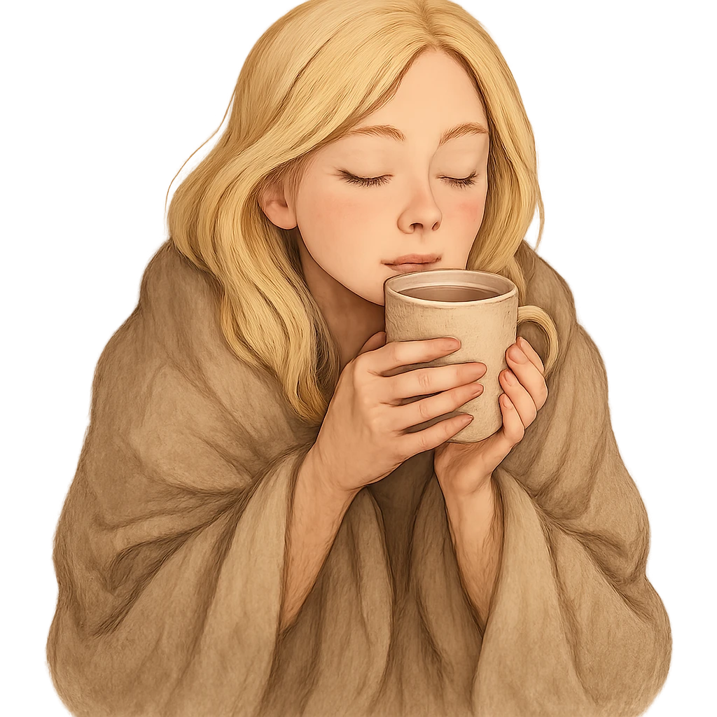 blonde girl cozy in a blanket, sipping coffee, eyes closed, enjoying warmth emoji
