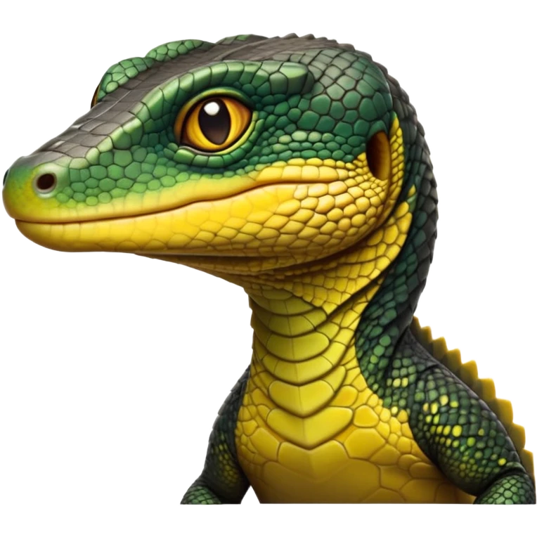 cinematic-realistic-cute-monitor-lizard-portrait-emoji,-head-tilted-playfully-and-inquisitively,-featuring-a-compact,-agile-body-with-finely-detailed,-glossy-scales-in-earthy-black and yellow-hues-and-a-distinct,-alert-face-with-bright,-curious-eyes, black , yellow spotted and green band  scales and a slender neck emoji