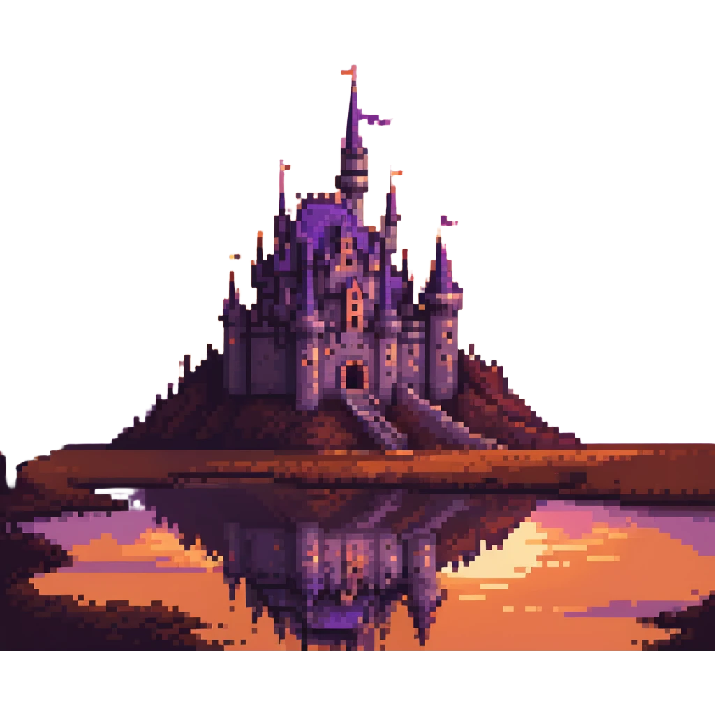 castle at sunset with warm orange and purple sky, dramatic lighting, no characters emoji